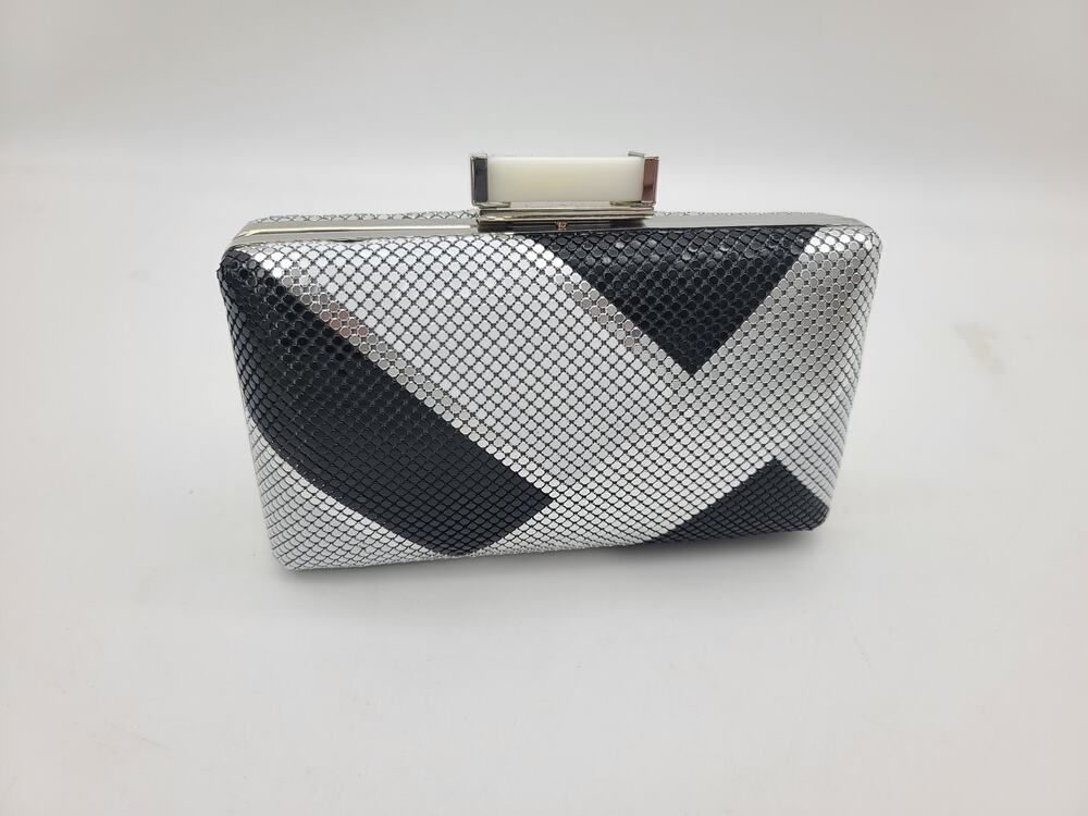 Lulu Townsend Hard Shell Black & Silver Clutch Evening Bag Crossbody Chain Mesh